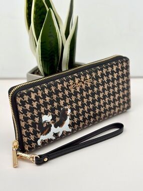 Michael Kors Black & Beige Houndstooth Continental Wallet with Dog Appliqué